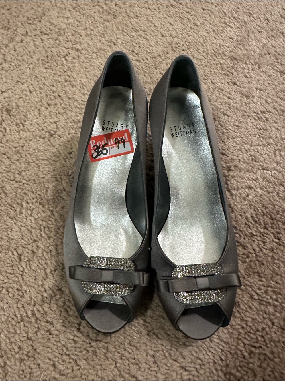 Stuart Weitzman Gray Peep-Toe Pumps with Bow and Crystal Accent